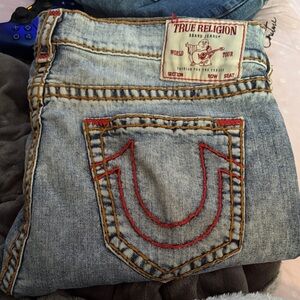 True Religion Light Wash Jeans with Red Embroidered Back Pocket